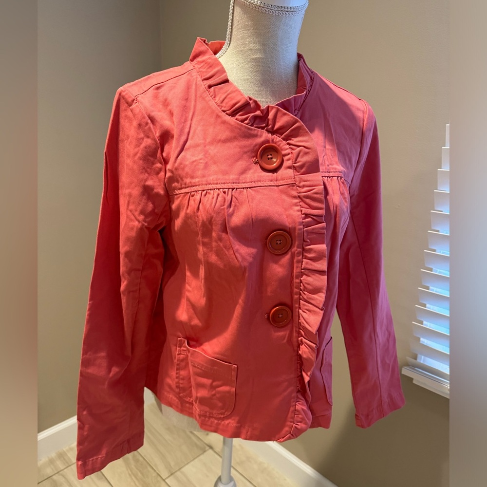 SONOMA Coral Ruffle Trim and Chunky Button Jacket